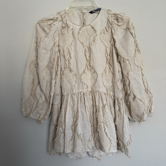 Zara Tan Linen Blend Puff Sleeve Blouse Size S Boho Textured Fringe Rustic - Picture 2 of 9